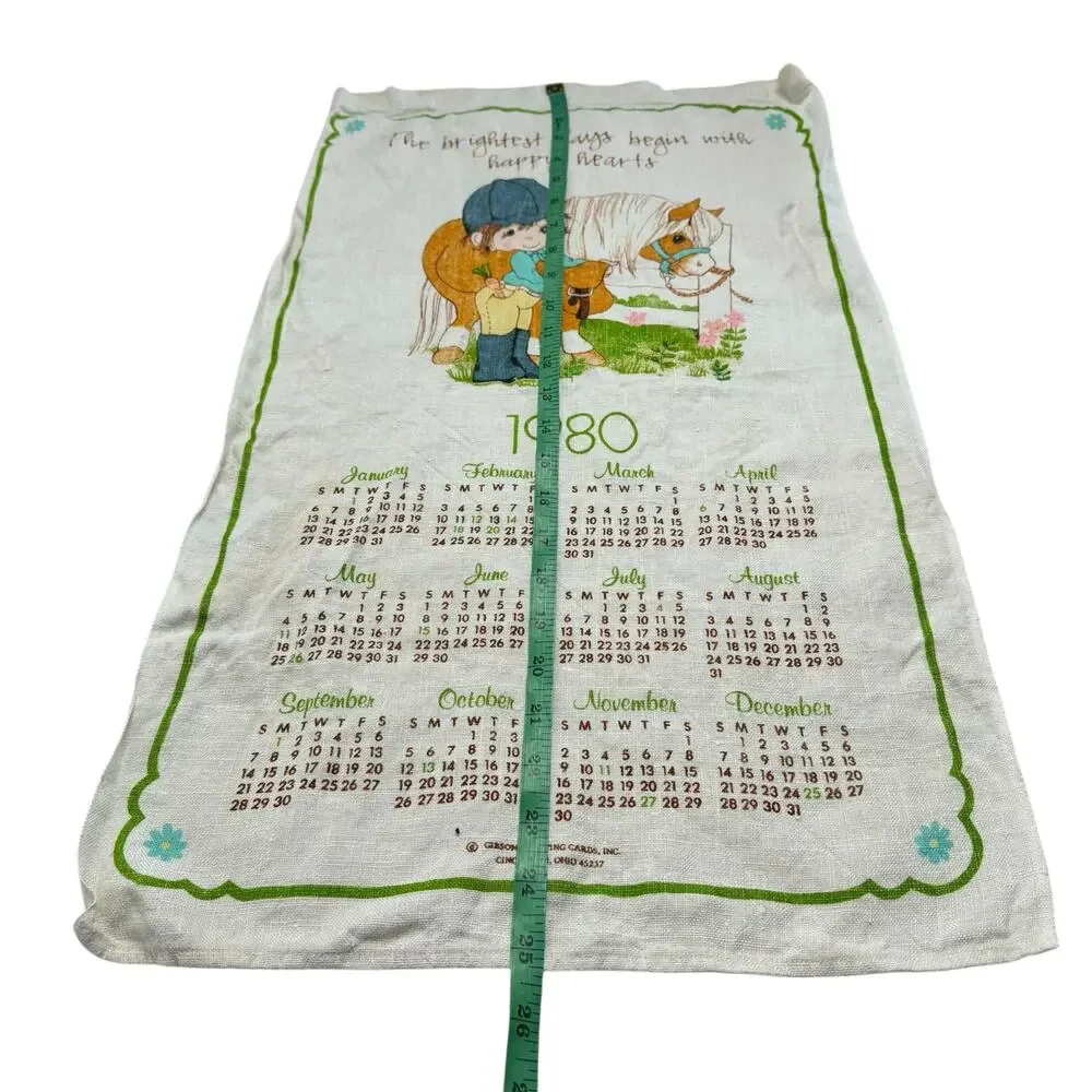 PRECIOUS MOMENT 1980 Vintage Linen Tea Towel Calendar Girl Horse Gibson Greeting